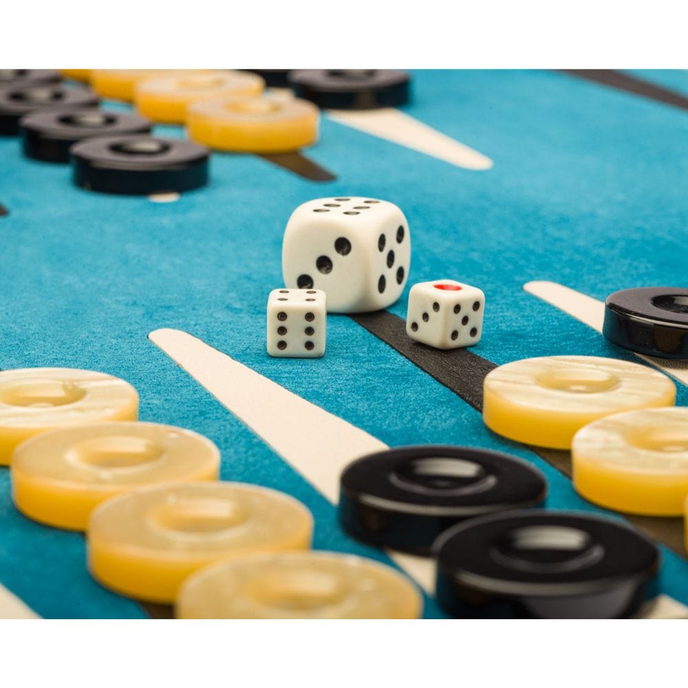 Leather backgammon roll, black with cobalt, dice and counters