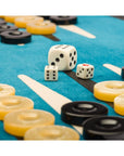 Leather backgammon roll, black with cobalt, dice and counters