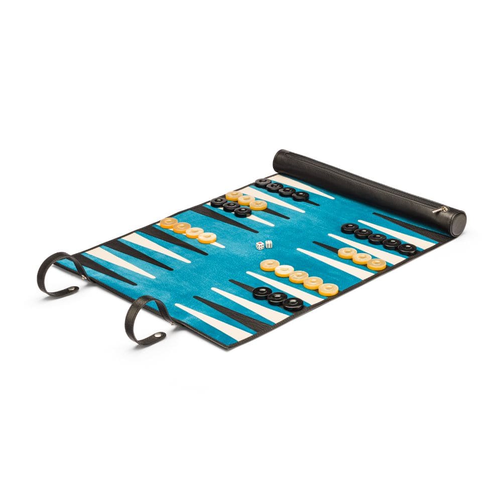 Leather backgammon roll, black with cobalt
