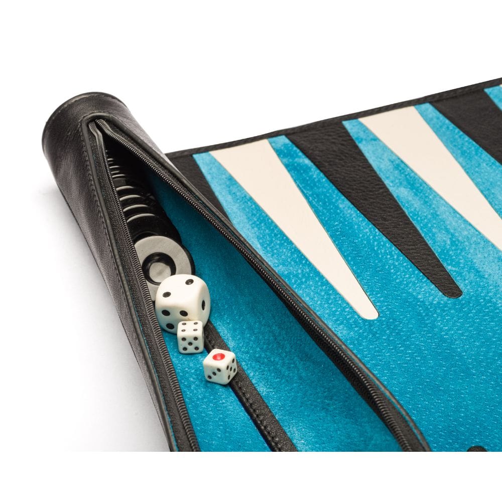 Leather backgammon roll, black with cobalt, inside the roll