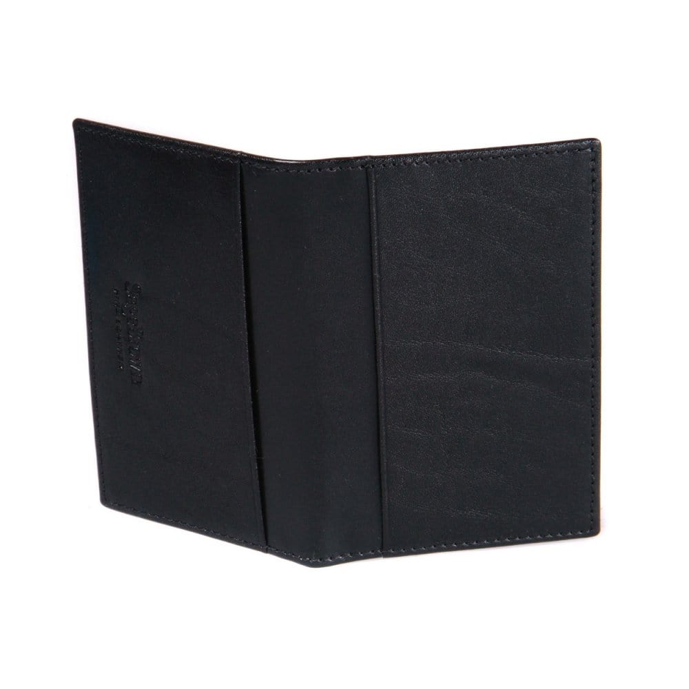 Leather travel card wallet, black croc with cobalt, back
