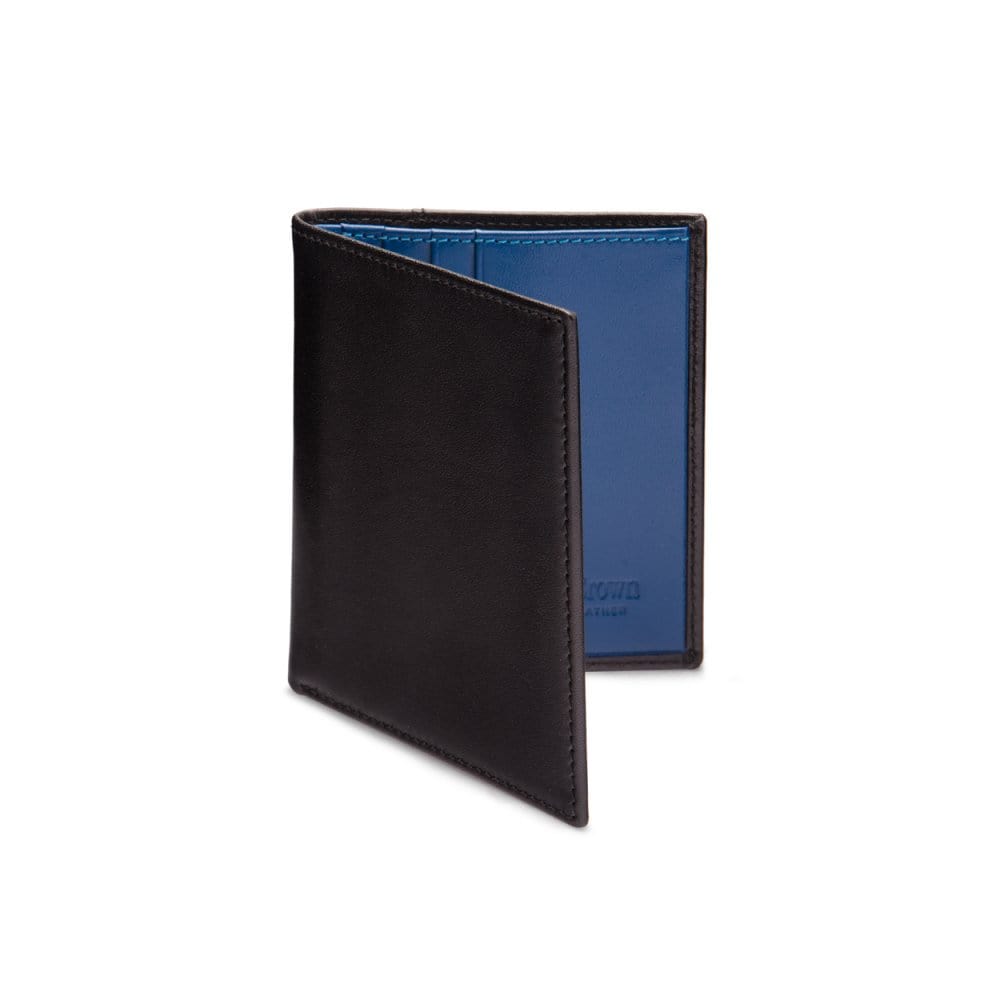 Leather compact billfold wallet 6CC, black with cobalt , front