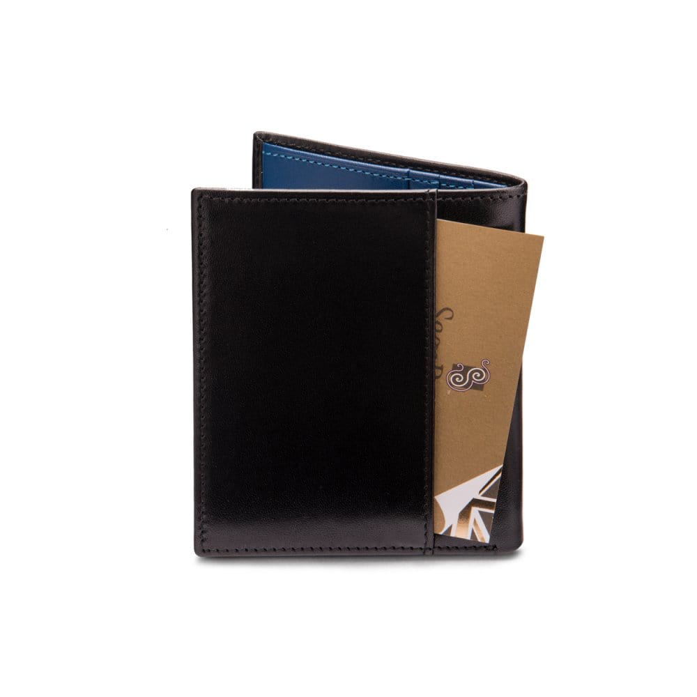 Leather compact billfold wallet 6CC, black with cobalt , back