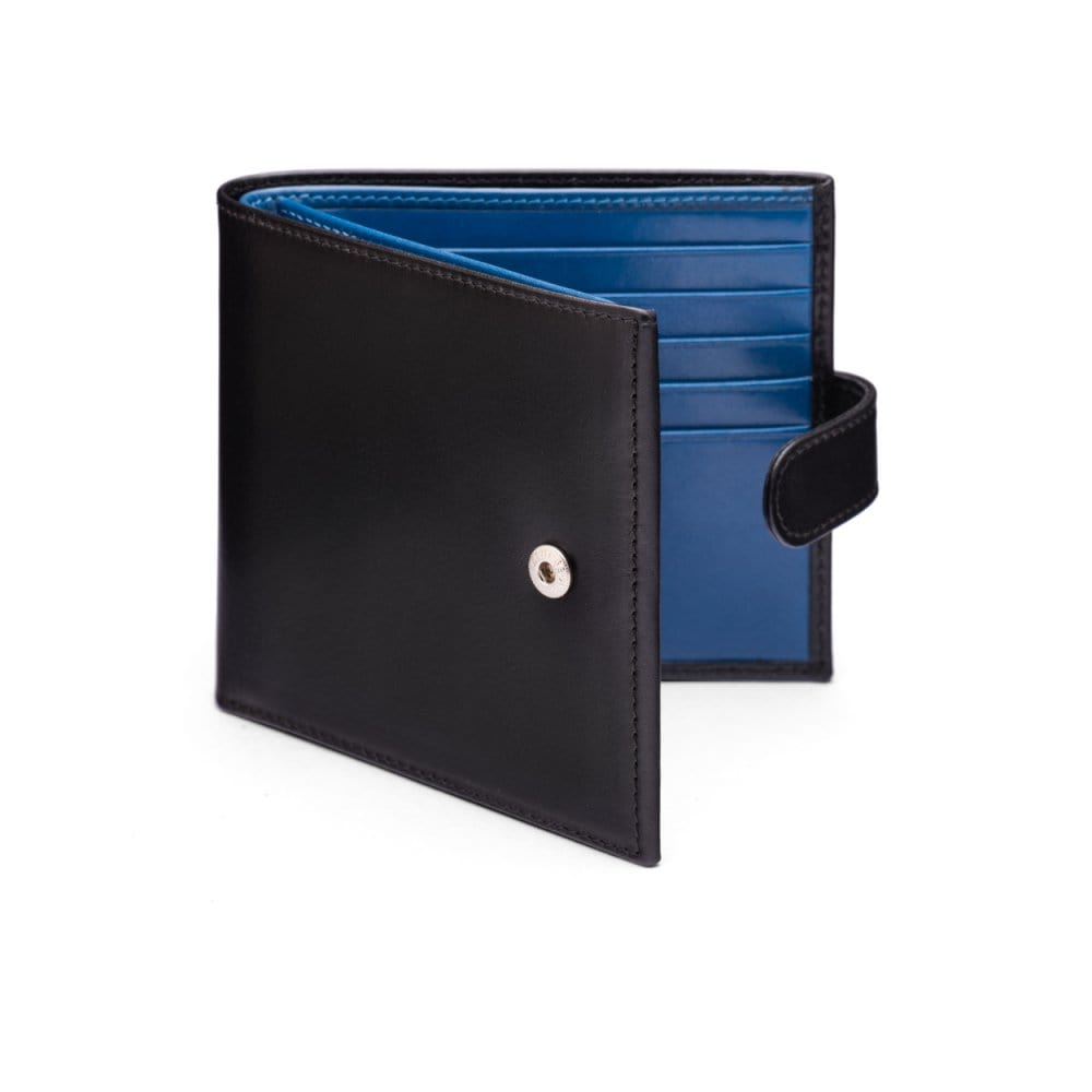Leather wallet with tab closure, black with cobalt, front