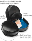 Leather horseshoe coin purse, black with cobalt, features