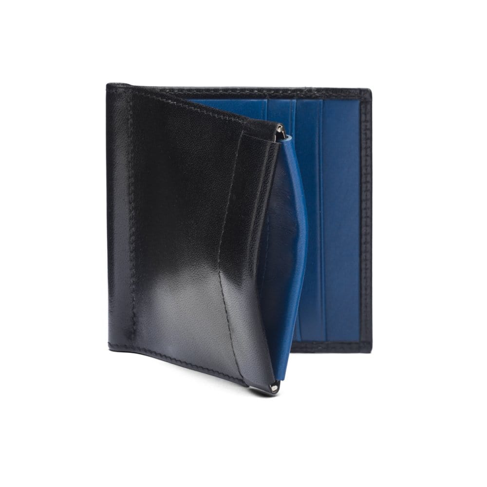 Leather money clip wallet with coin purse, black with cobalt, front