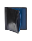 Leather money clip wallet with coin purse, black with cobalt, front