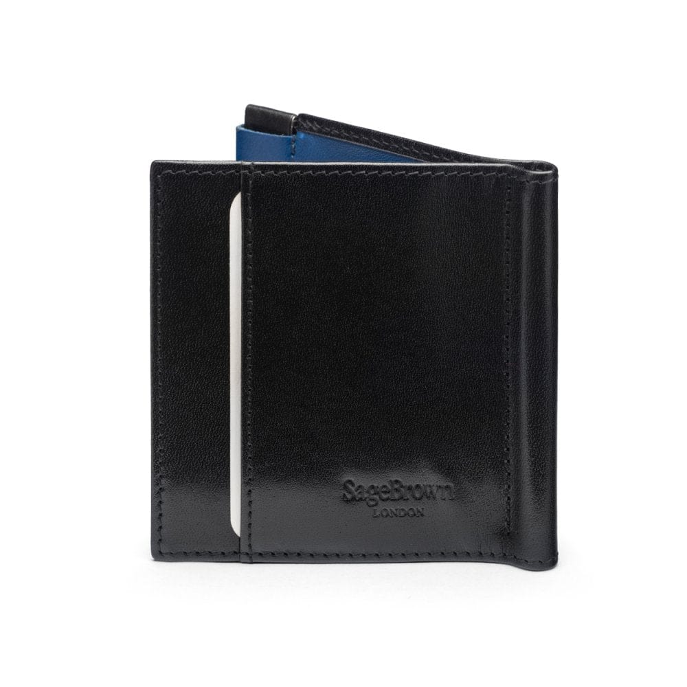 Leather money clip wallet with coin purse, black with cobalt, back
