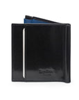 Leather money clip wallet with coin purse, black with cobalt, back