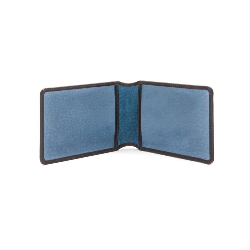 Leather Oyster card holder, black with cobalt, open