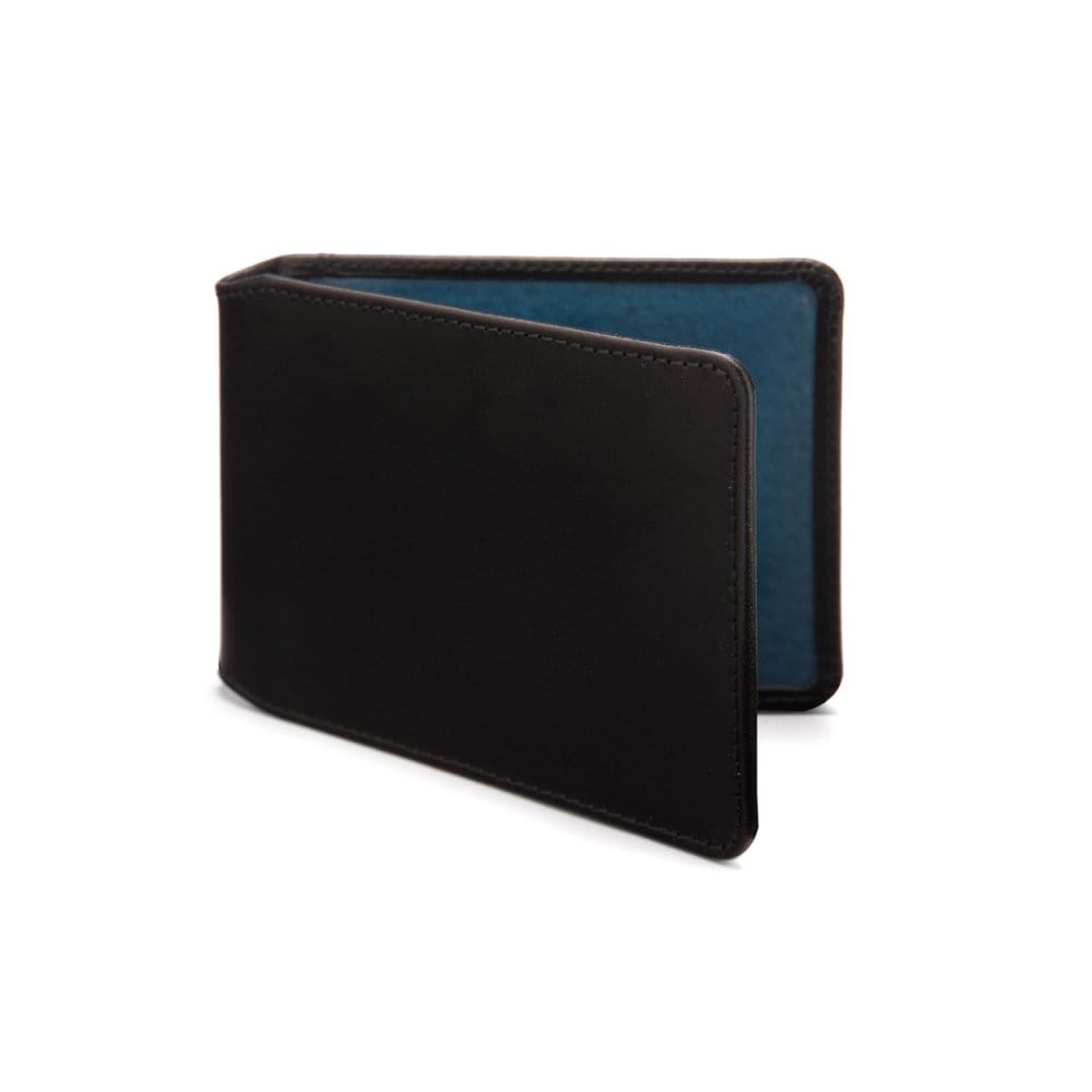 Leather Oyster card holder, black with cobalt, front