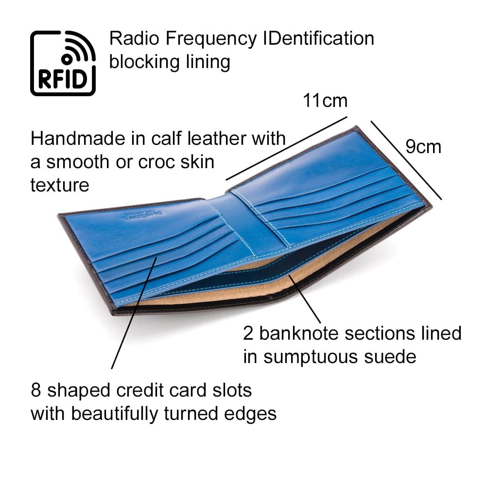 RFID leather wallet for men, black with cobalt, features