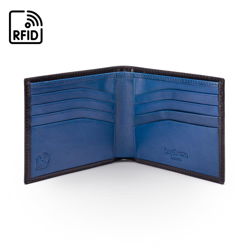 RFID leather wallet for men, black with cobalt, open view