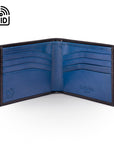 RFID leather wallet for men, black with cobalt, open view