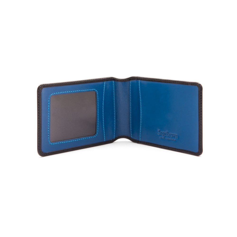 Leather travel card wallet, black with cobalt, open