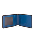 Leather travel card wallet, black with cobalt, open