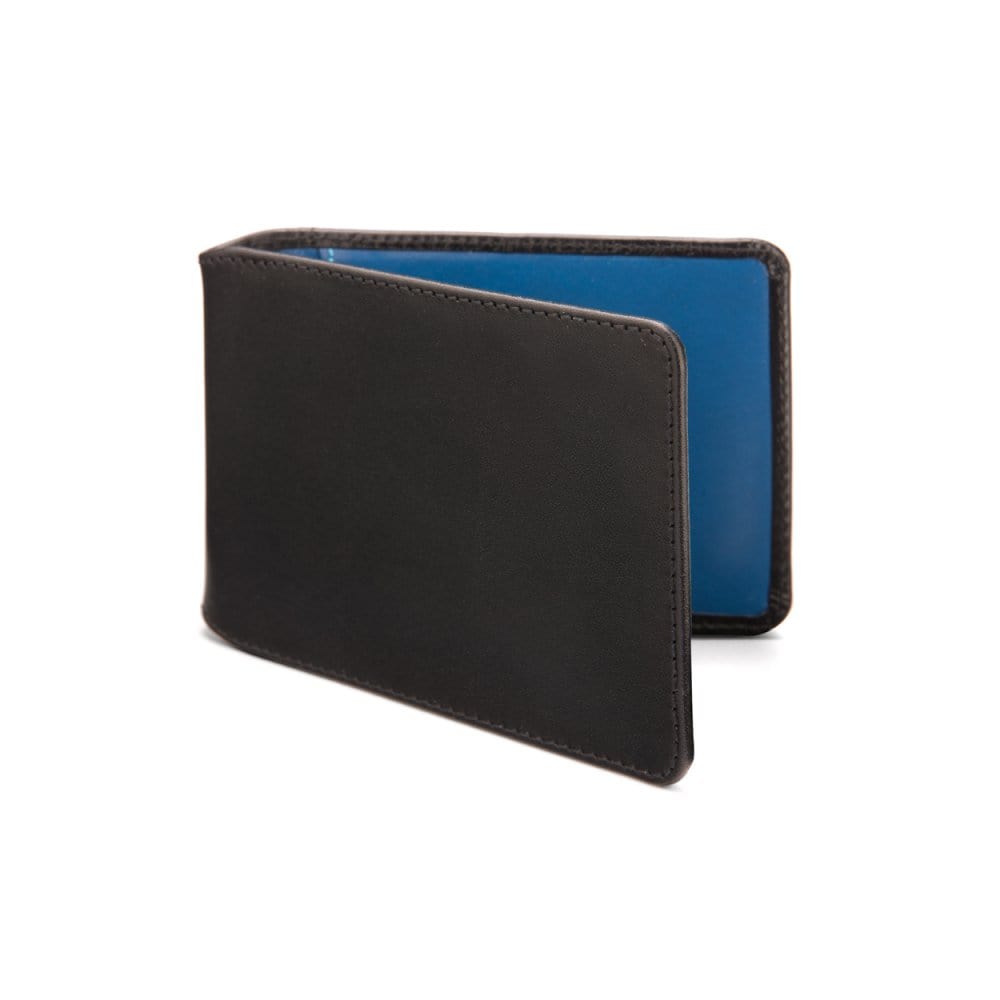 Leather travel card wallet, black with cobalt, front