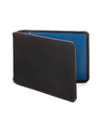 Leather travel card wallet, black with cobalt, front