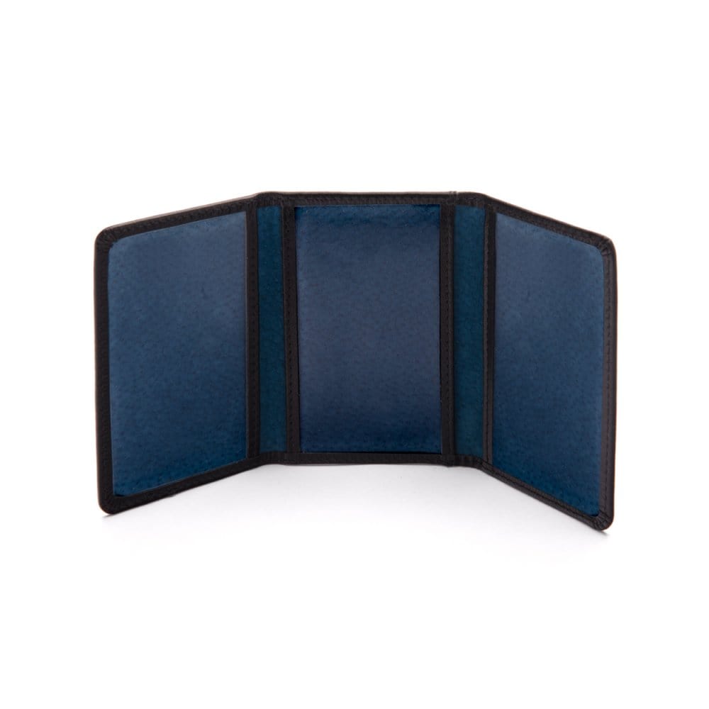 Leather tri-fold travel card holder, black with cobalt, open