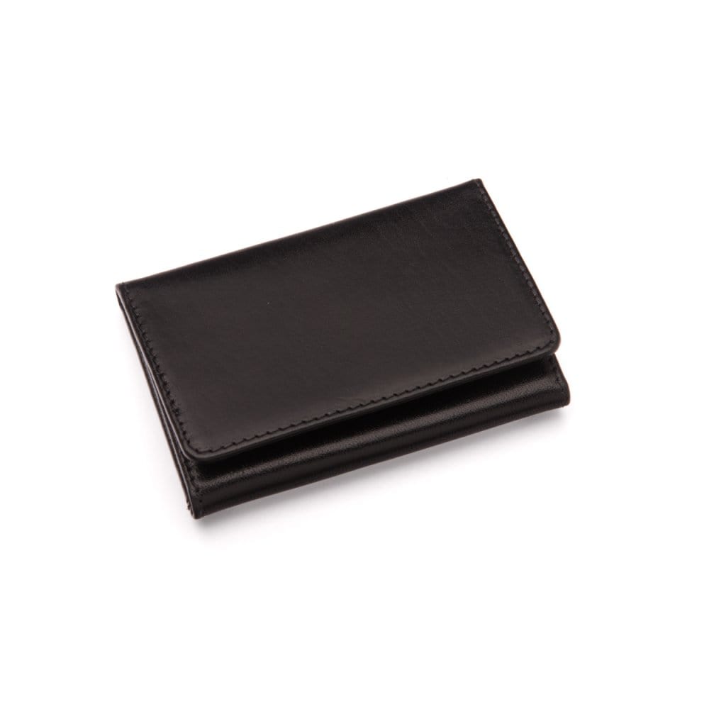 Leather tri-fold travel card holder, black with cobalt, front