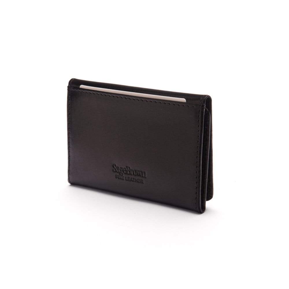 Leather tri-fold travel card holder, black with cobalt, back