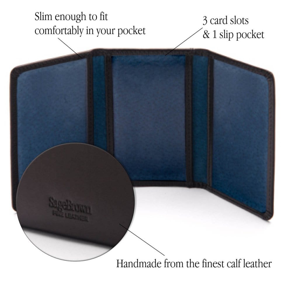Leather tri-fold travel card holder, black with cobalt, features