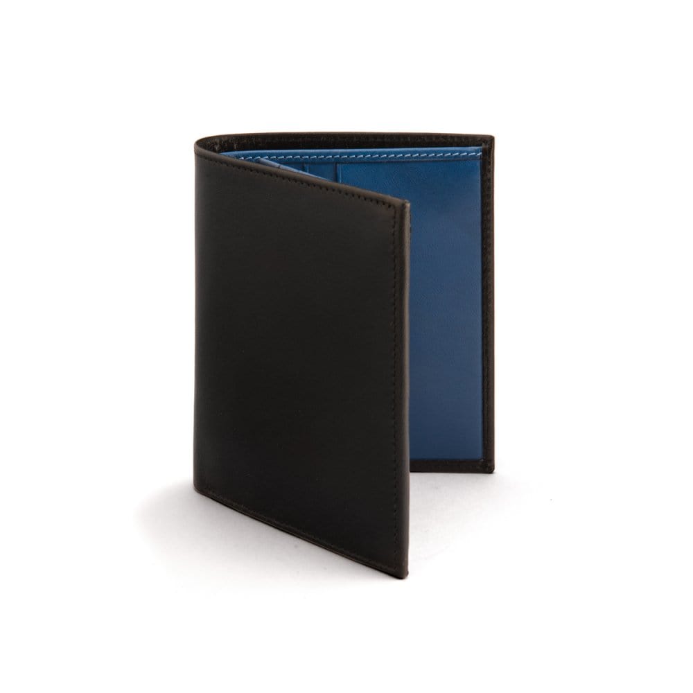 Leather wallet with 9 CC and ID, black with cobalt, front