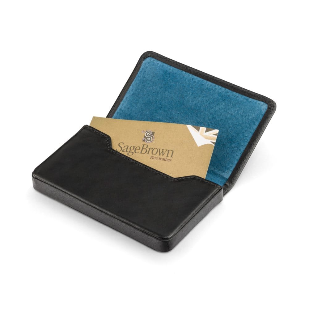 Leather business card holder with magnetic closure, black with cobalt, inside