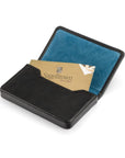 Leather business card holder with magnetic closure, black with cobalt, inside