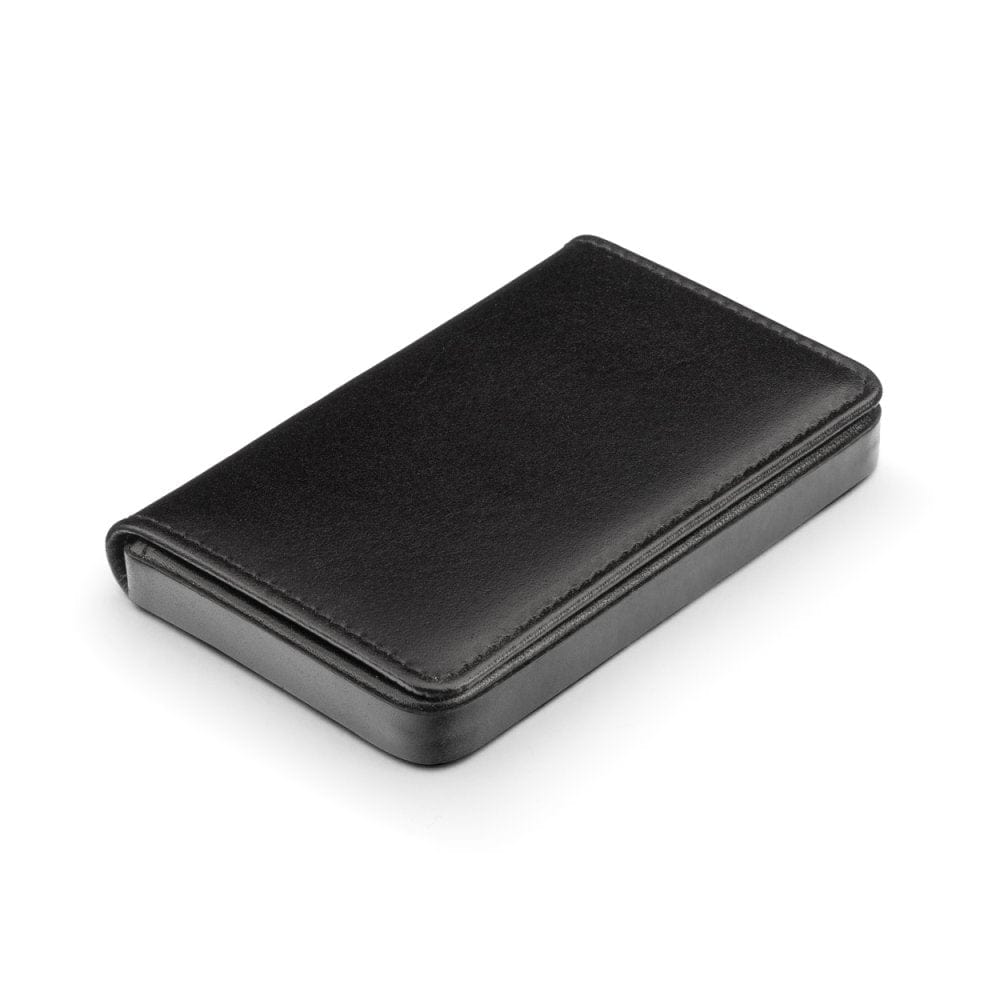 Leather business card holder with magnetic closure, black with cobalt, side