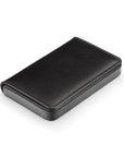 Leather business card holder with magnetic closure, black with cobalt, side