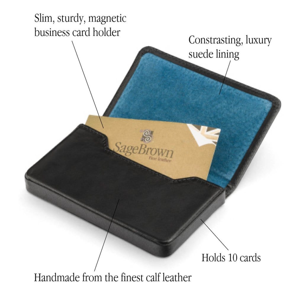 Leather business card holder with magnetic closure, black with cobalt, features