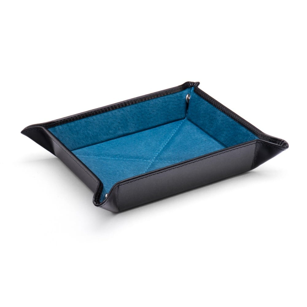 Leather valet tray, black with cobalt
