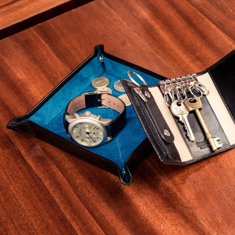 Leather valet tray, black with cobalt, lifestyle