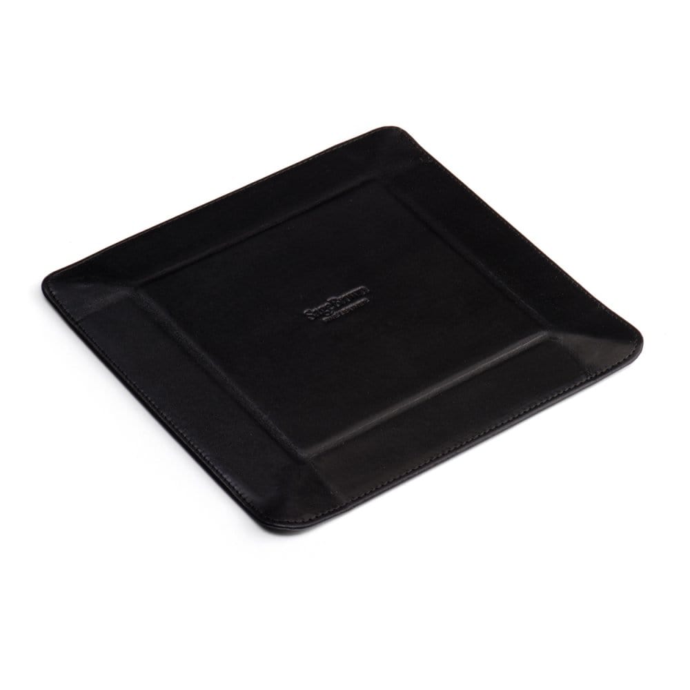Leather valet tray, black with cobalt, flat base