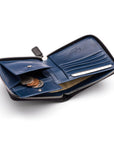 Men's leather zip wallet with coin purse, black with cobalt, inside