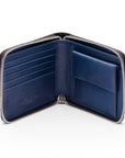 Men's leather zip wallet with coin purse, black with cobalt, open