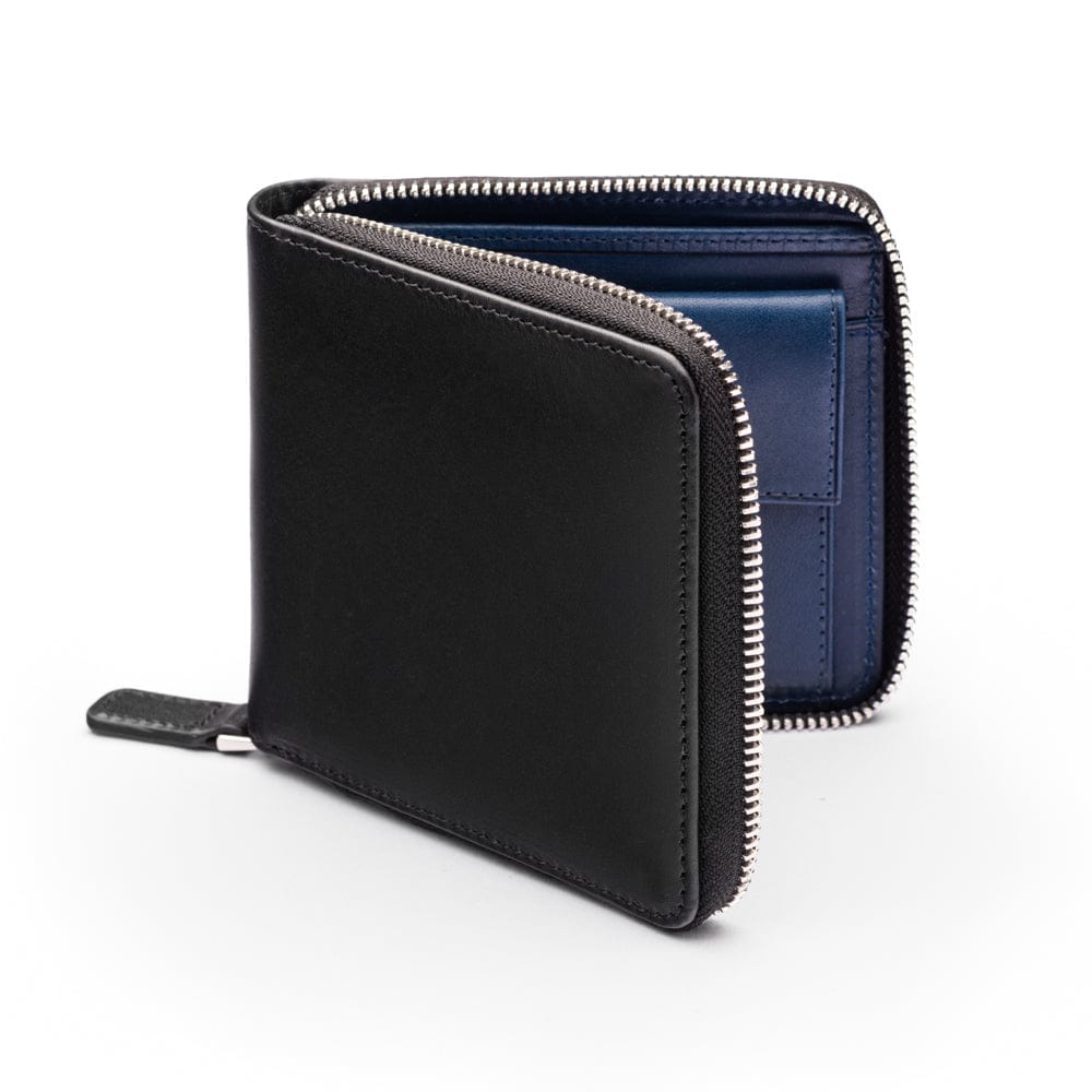 Men's leather zip wallet with coin purse, black with cobalt, front view