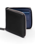 Men's leather zip wallet with coin purse, black with cobalt, front view