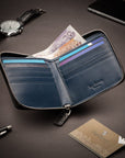 Men's leather wallet with zip around closure, black with cobalt, lifestyle