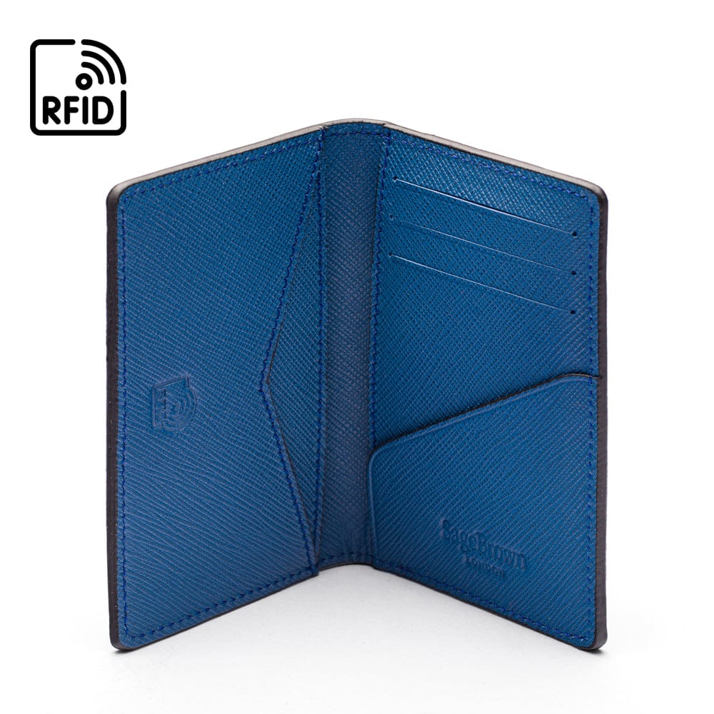 RFID bifold credit card holder, black with cobalt saffiano, inside view