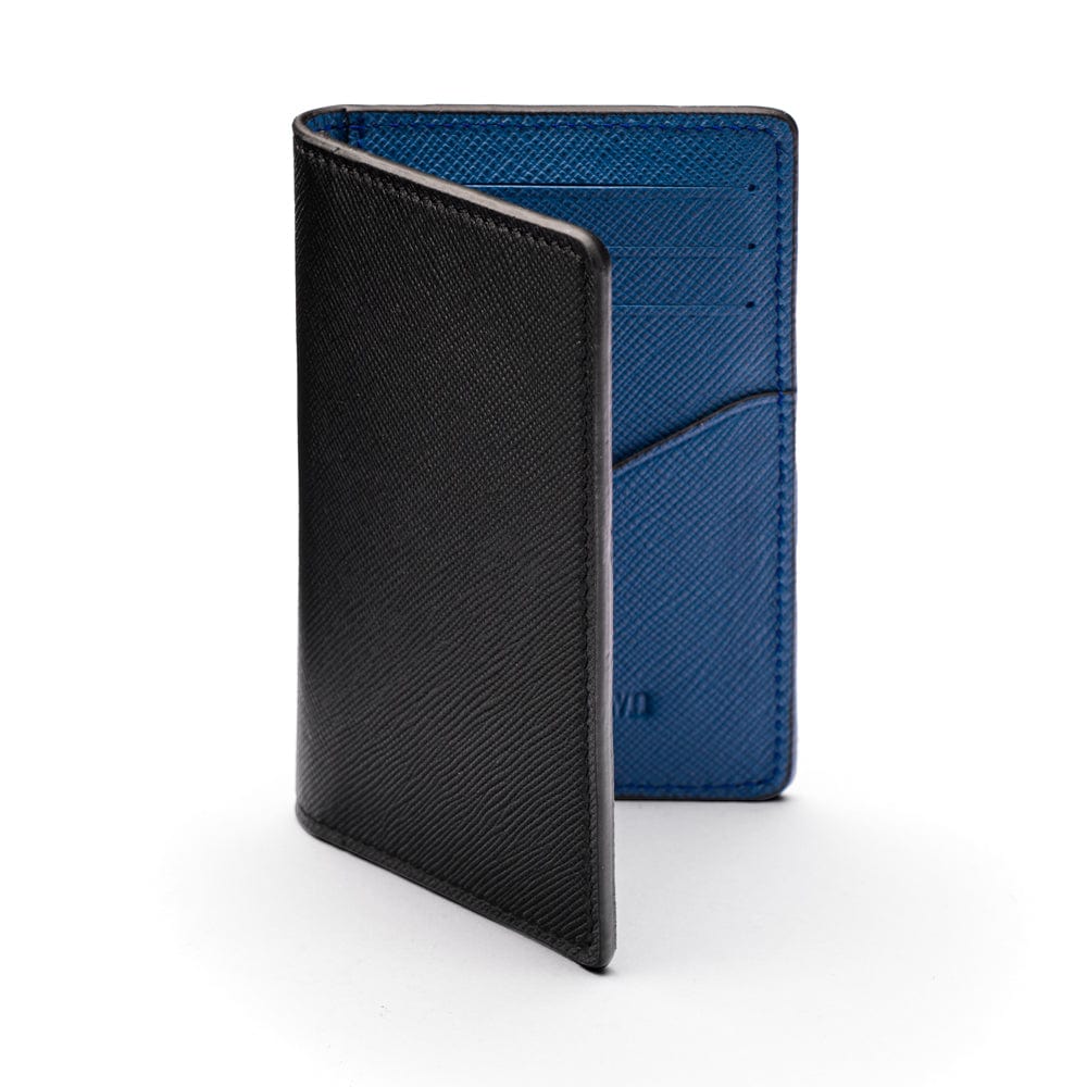 RFID bifold credit card holder, black with cobalt saffiano, front view