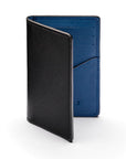 RFID bifold credit card holder, black with cobalt saffiano, front view