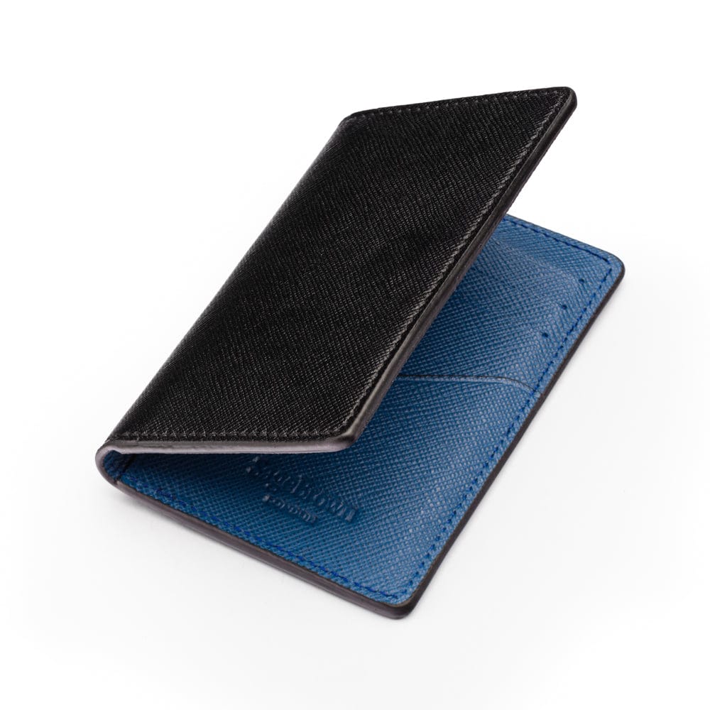 RFID bifold credit card holder, black with cobalt saffiano, open view