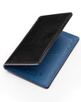 RFID bifold credit card holder, black with cobalt saffiano, open view