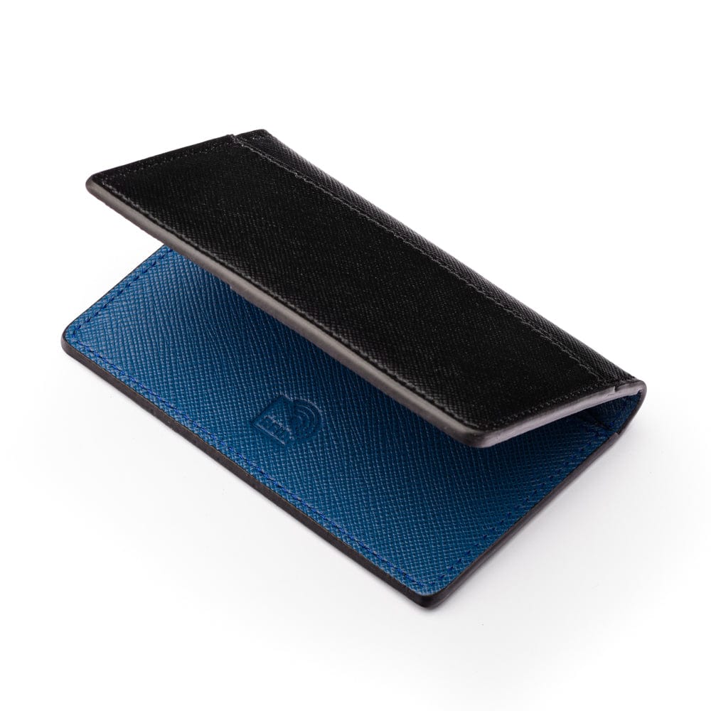 RFID bifold credit card holder, black with cobalt saffiano, RFID view