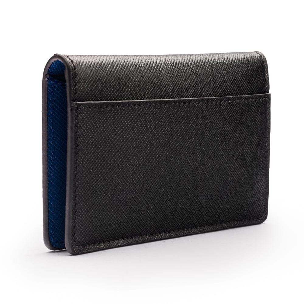 RFID bifold credit card holder, black with cobalt saffiano, back view