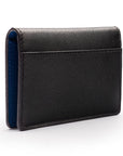 RFID bifold credit card holder, black with cobalt saffiano, back view