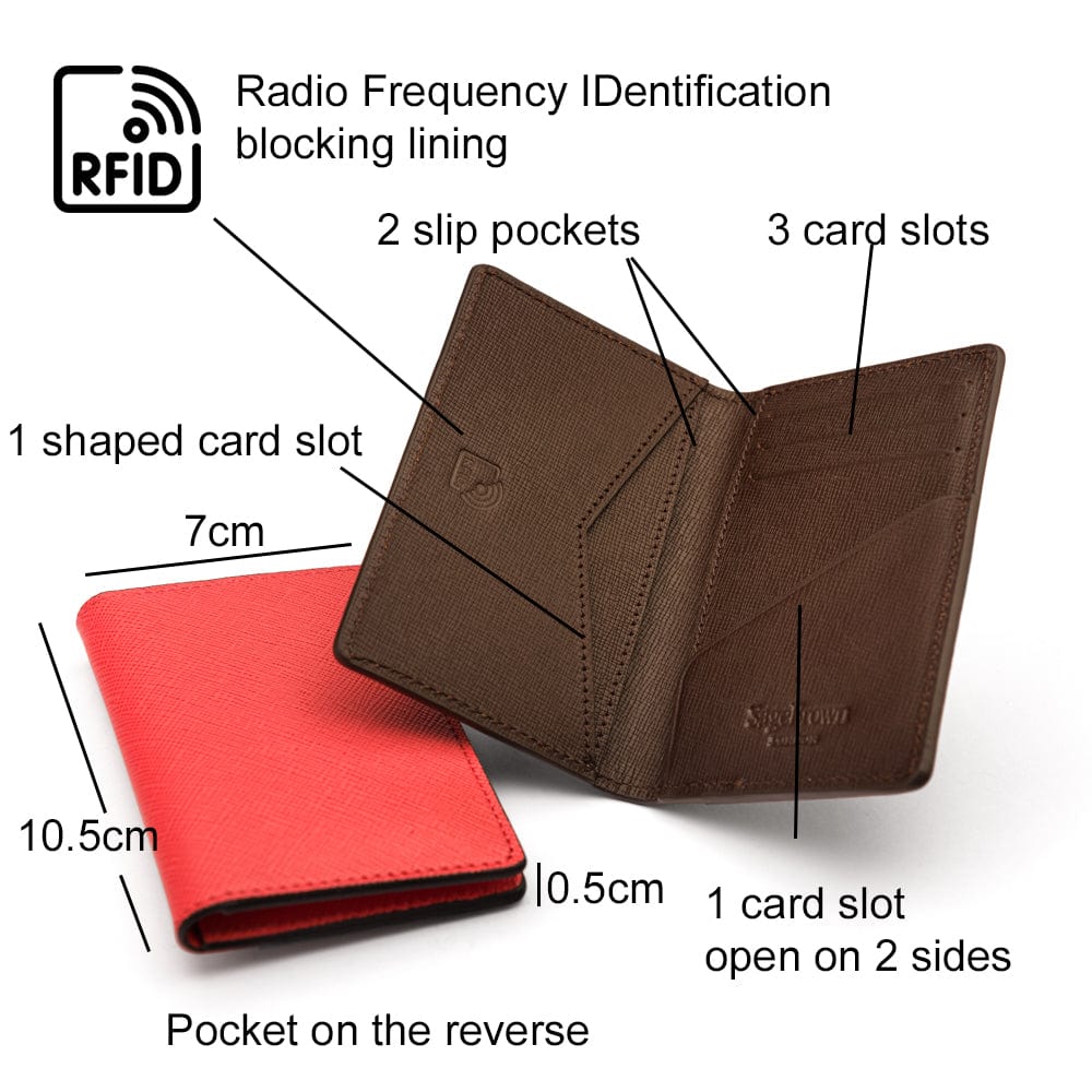 RFID bifold credit card holder, black with cobalt saffiano, features