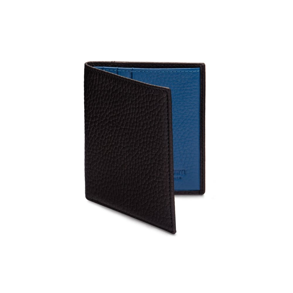 RFID leather wallet with 4 CC, black with cobalt, front